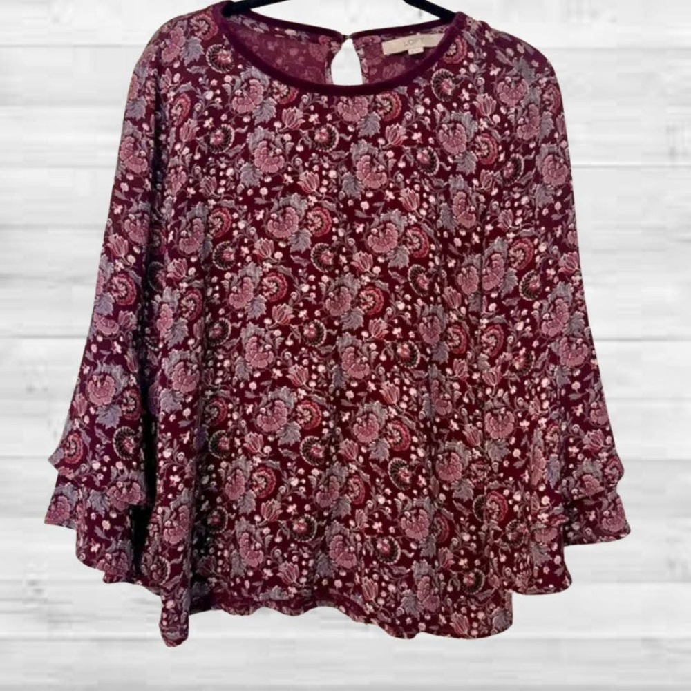 Ann Taylor Loft Purple Spring Floral Print Top Ruffle Long Sleeve, Medium